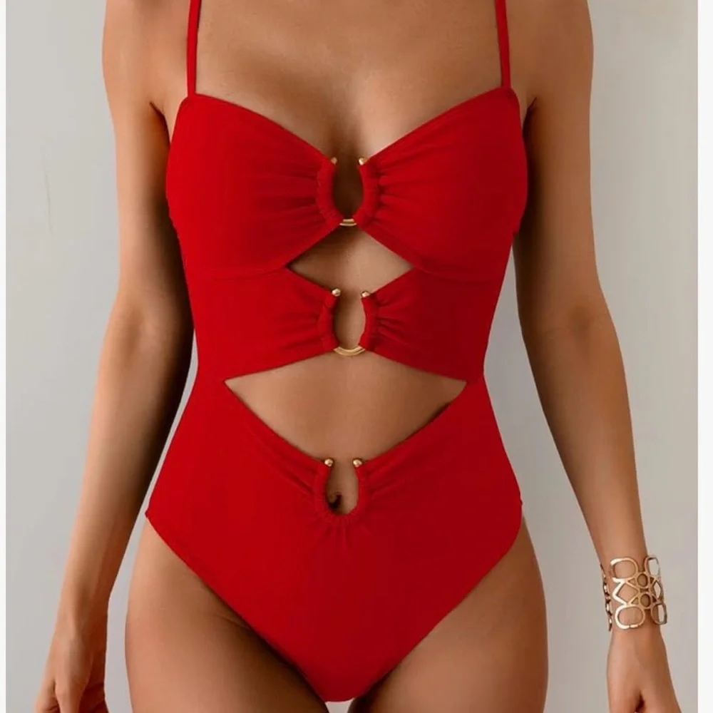 Stylish Red Cut-Out Women's One Piece Swimsuit